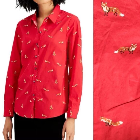 CHARTER CLUB Fox Print Cotton Button Up Shirt XXL - Picture 1 of 9